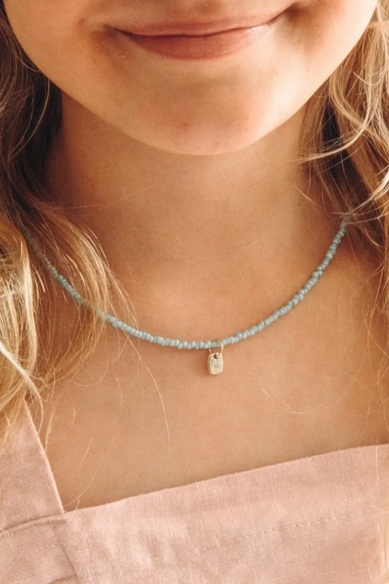 Pale Blue beaded Necklace - Gold