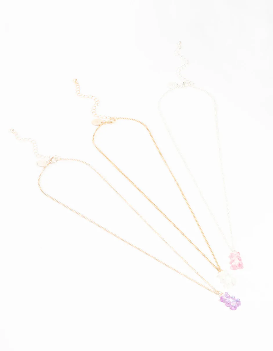 Pastel Holographic Teddy Bear Necklaces 3-Pack