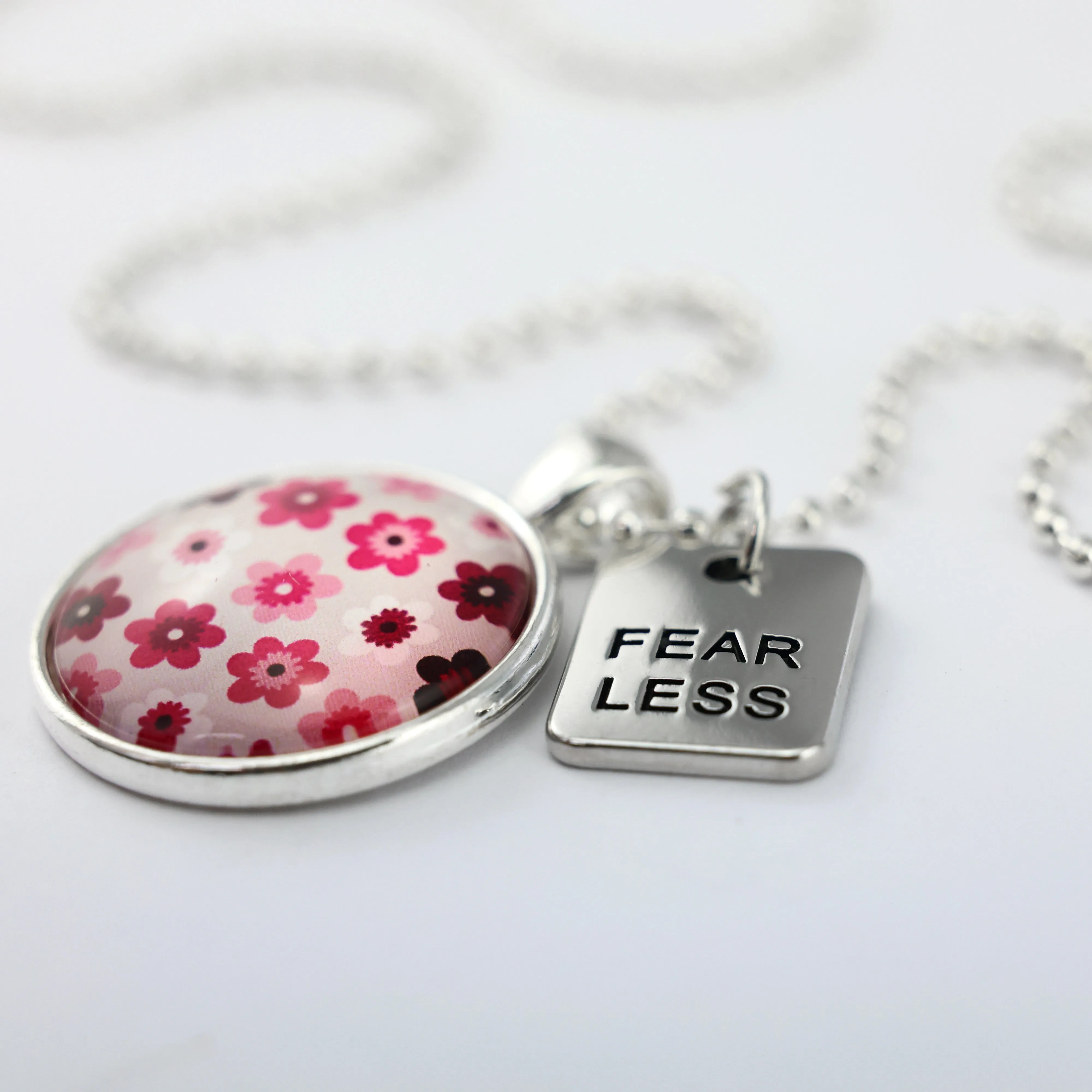 PINK COLLECTION - Bright Silver 'FEAR LESS' Necklace - Pink Charm (10561)