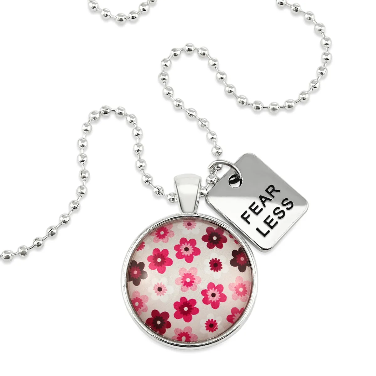 PINK COLLECTION - Bright Silver 'FEAR LESS' Necklace - Pink Charm (10561)