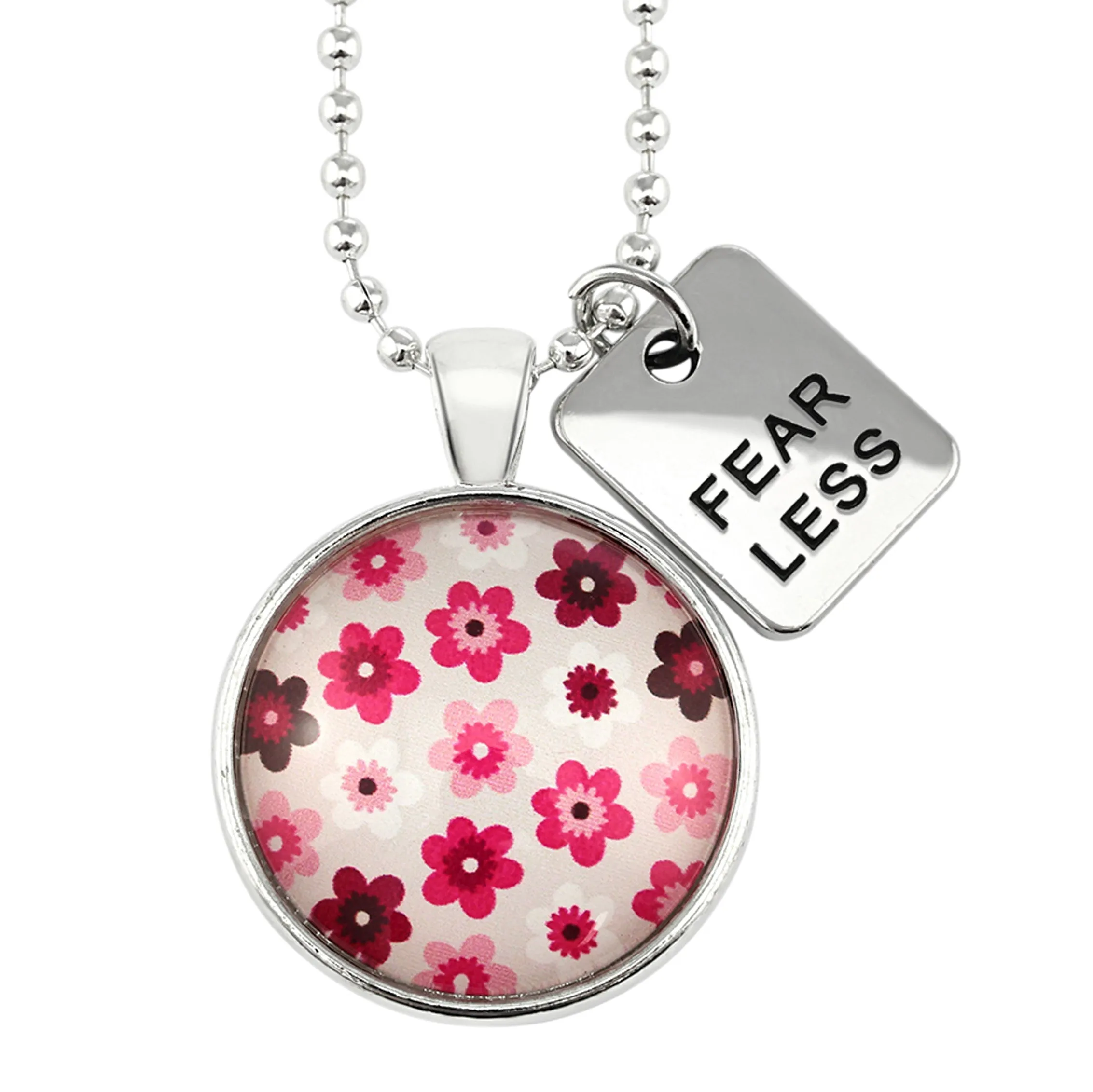 PINK COLLECTION - Bright Silver 'FEAR LESS' Necklace - Pink Charm (10561)