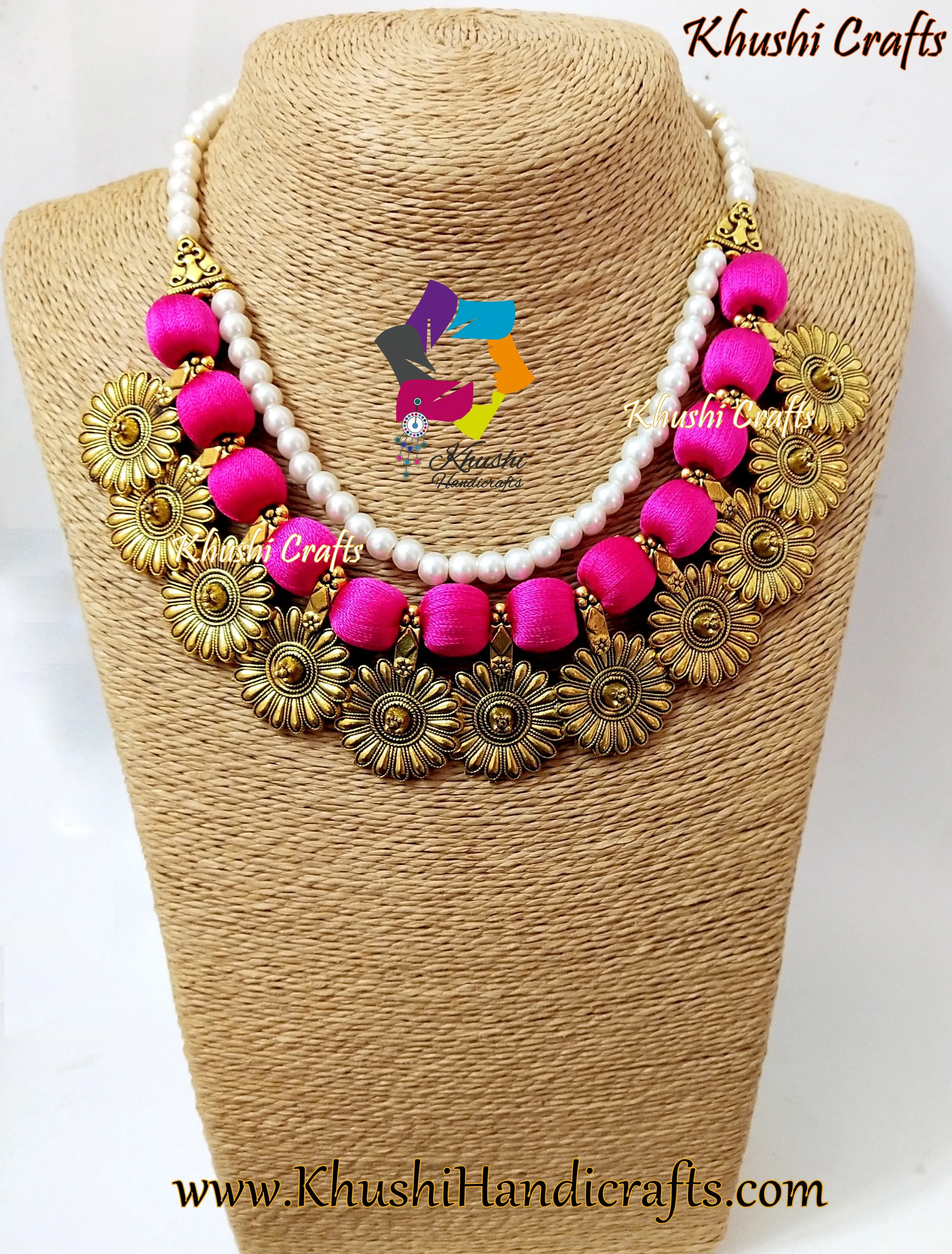 Pink Double layered silk thread Pearl Necklace set with Jhumkas