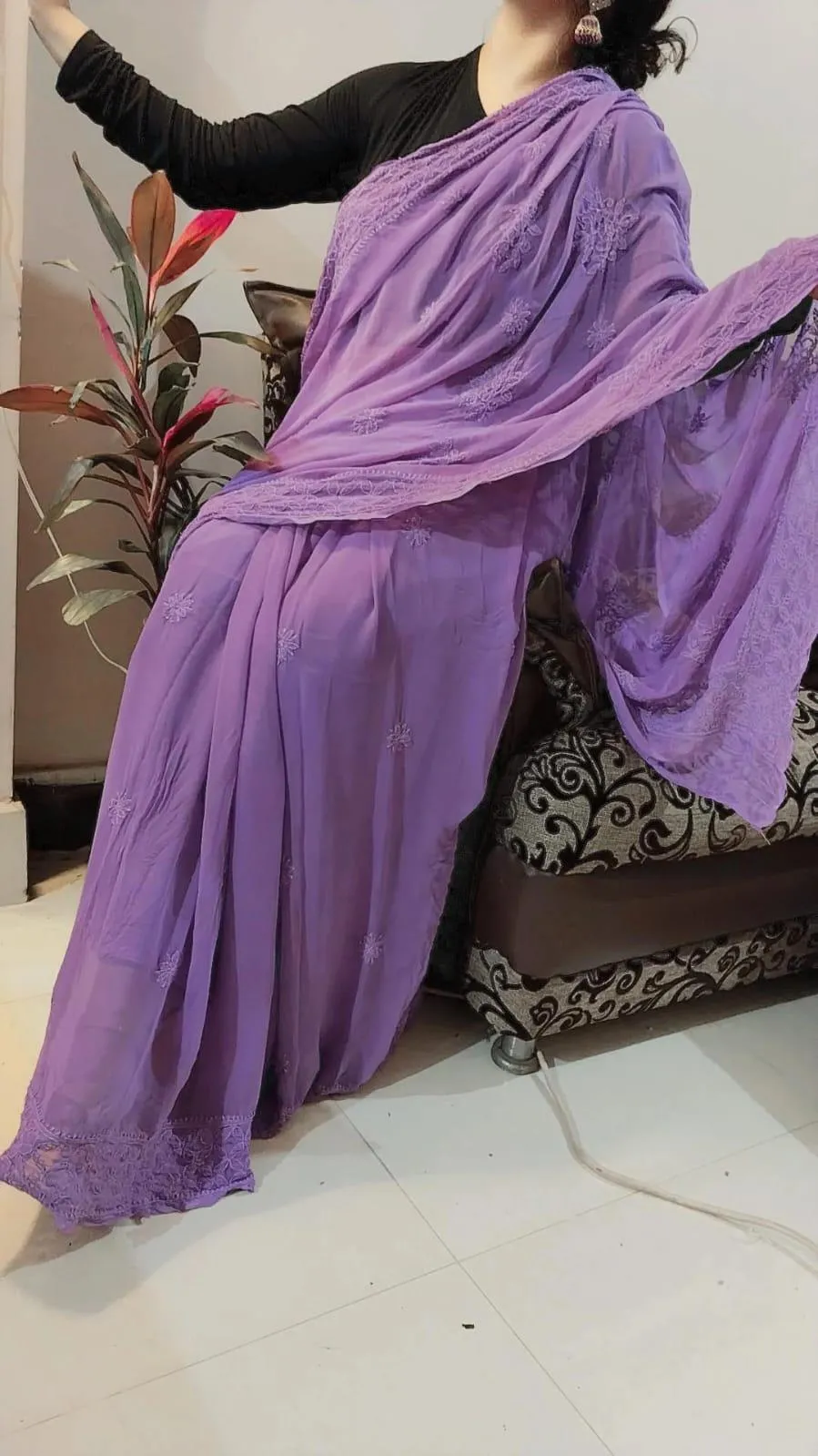 Purple Elegant Chikankari Georgette Saree with Black Blouse Perfect for Bridesmaids