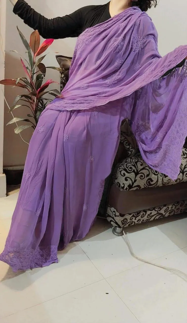 Purple Elegant Chikankari Georgette Saree with Black Blouse Perfect for Bridesmaids