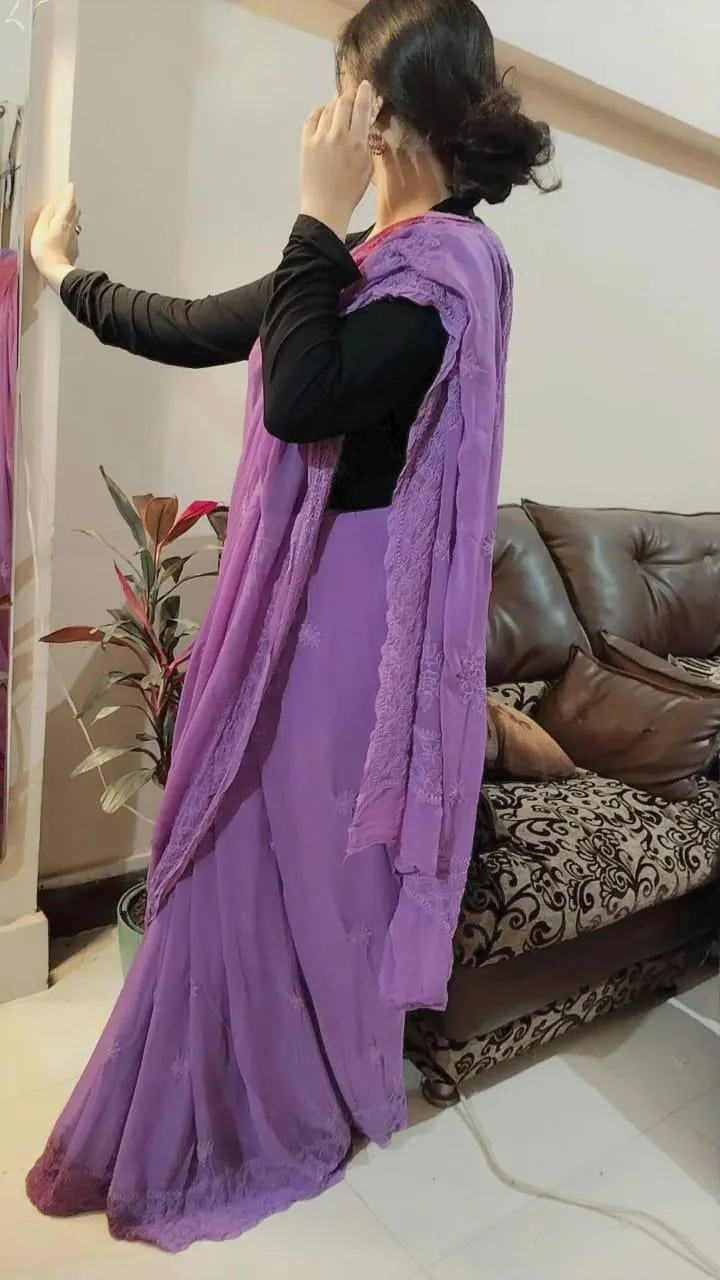 Purple Elegant Chikankari Georgette Saree with Black Blouse Perfect for Bridesmaids