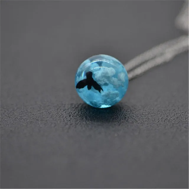 Resin Rould Ball Moon Pendant Necklace Women Blue Sky White Cloud Necklace