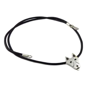 Sterling Silver Wolf Black Leather Choker