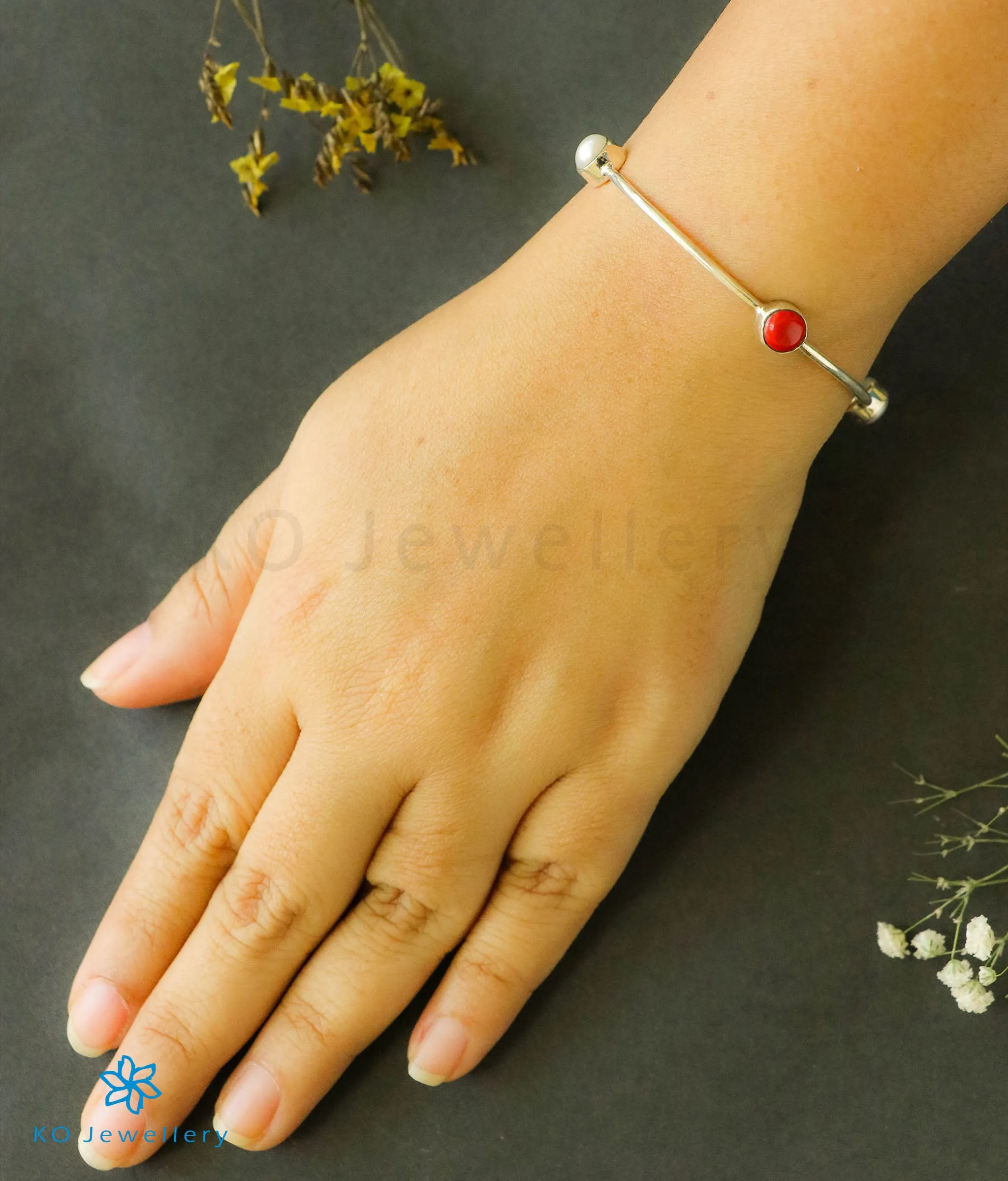 The Mauktika Silver Pearl & Coral Bangles (Size 2.4)