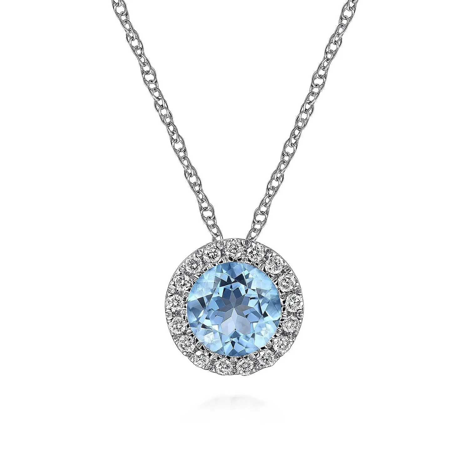 White Gold Swiss Blue Topaz and Diamond Halo Pendant