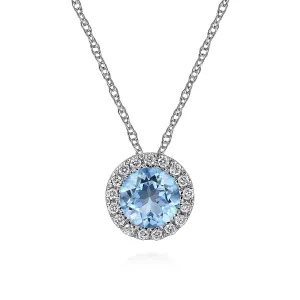 White Gold Swiss Blue Topaz and Diamond Halo Pendant